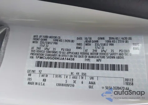 2019 Ford Escape Se z USA, uszkodzony, nr VIN 1FMCU0GD8KUA14438